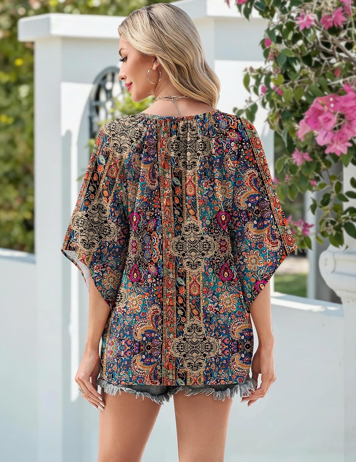 image:imageZeagoo Womens Tops 34 Sleeve V Neck Bohemian Blouses Casual TunicBoho Multicolor Mz721