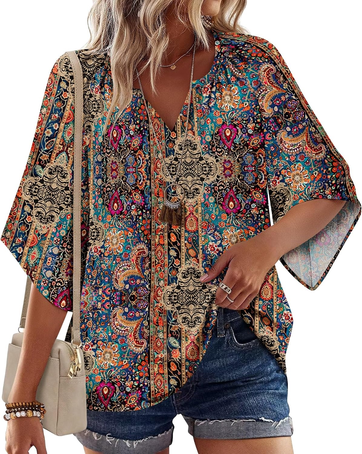 image:imageZeagoo Womens Tops 34 Sleeve V Neck Bohemian Blouses Casual TunicBoho Multicolor Mz721