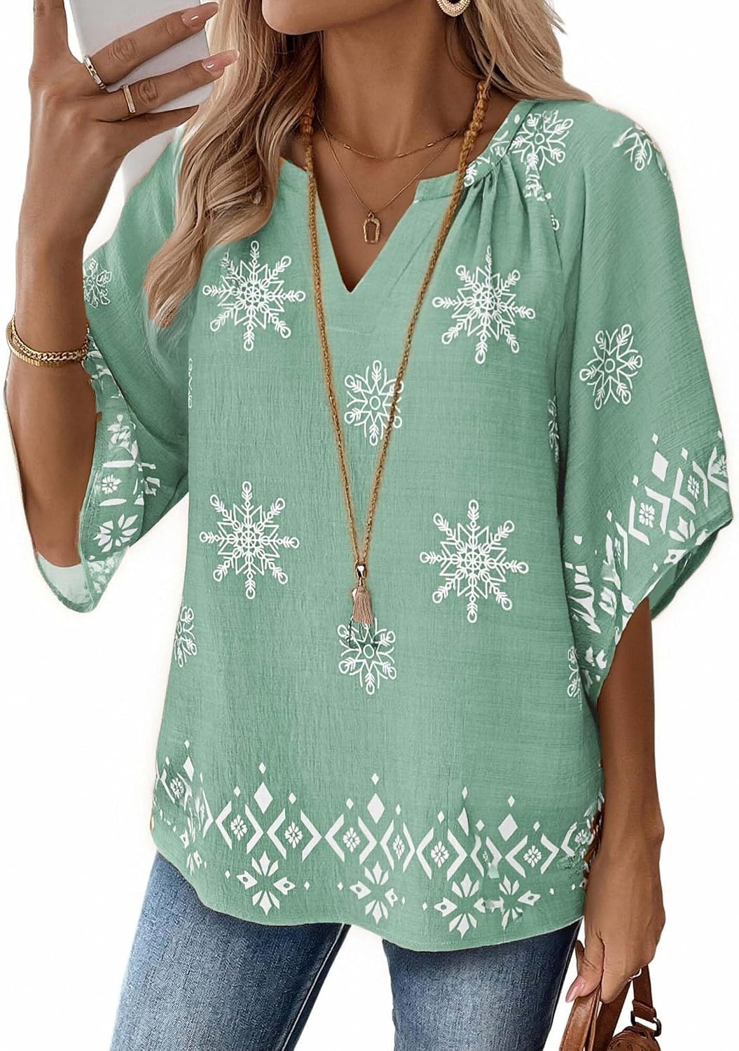 image:imageZeagoo Womens Tops 34 Sleeve V Neck Bohemian Blouses Casual TunicLight Green Mz915
