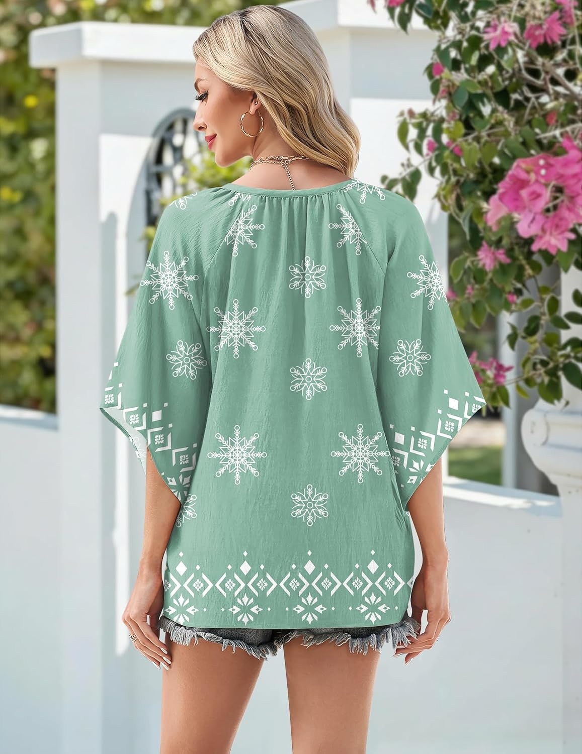 image:imageZeagoo Womens Tops 34 Sleeve V Neck Bohemian Blouses Casual TunicLight Green Mz915