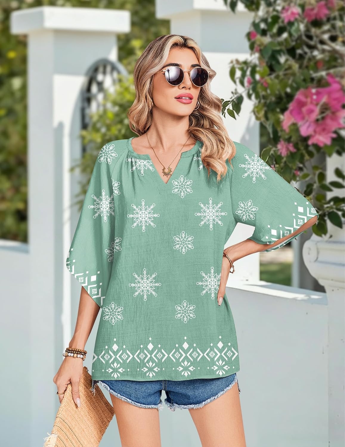 image:imageZeagoo Womens Tops 34 Sleeve V Neck Bohemian Blouses Casual TunicLight Green Mz915