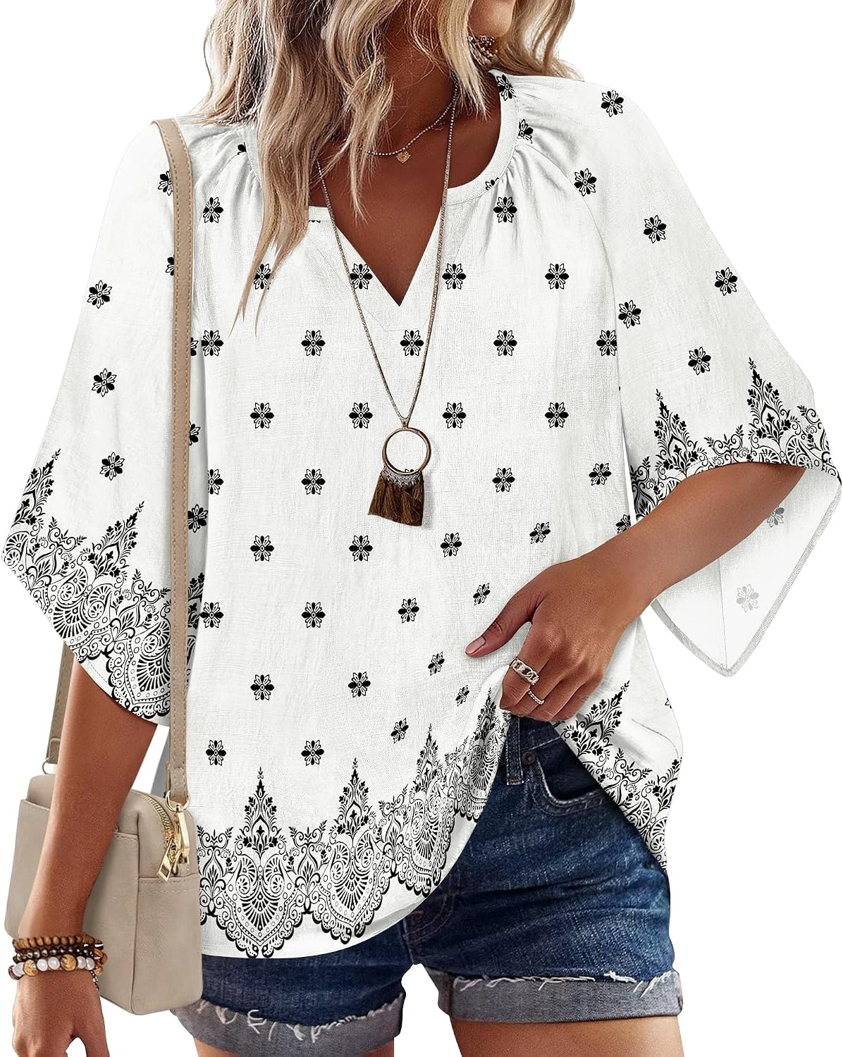 image:imageZeagoo Womens Tops 34 Sleeve V Neck Bohemian Blouses Casual TunicMulti Apricot Mz920