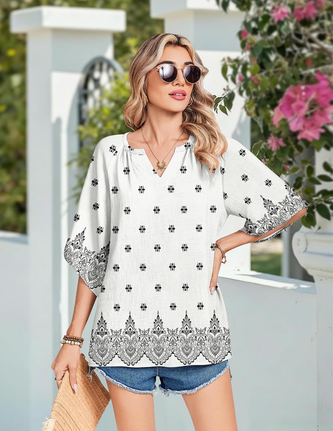 image:imageZeagoo Womens Tops 34 Sleeve V Neck Bohemian Blouses Casual TunicMulti Apricot Mz920