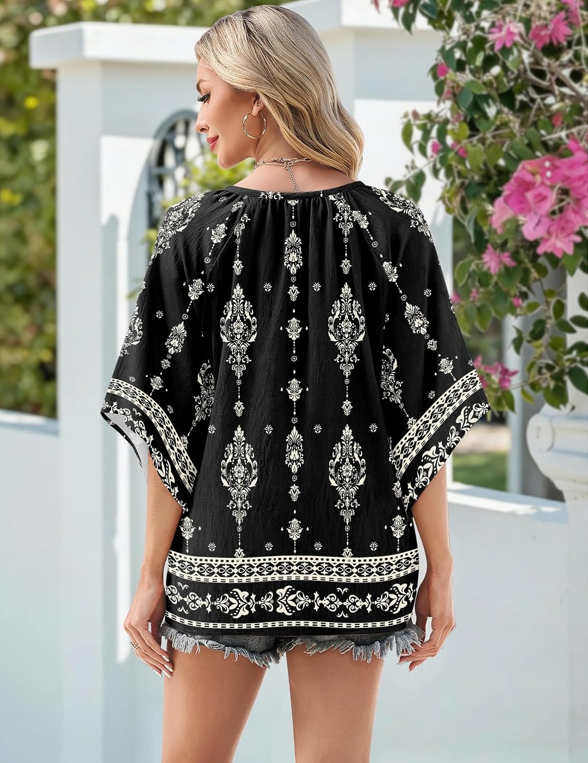 image:imageZeagoo Womens Tops 34 Sleeve V Neck Bohemian Blouses Casual TunicMulti Black Mz921