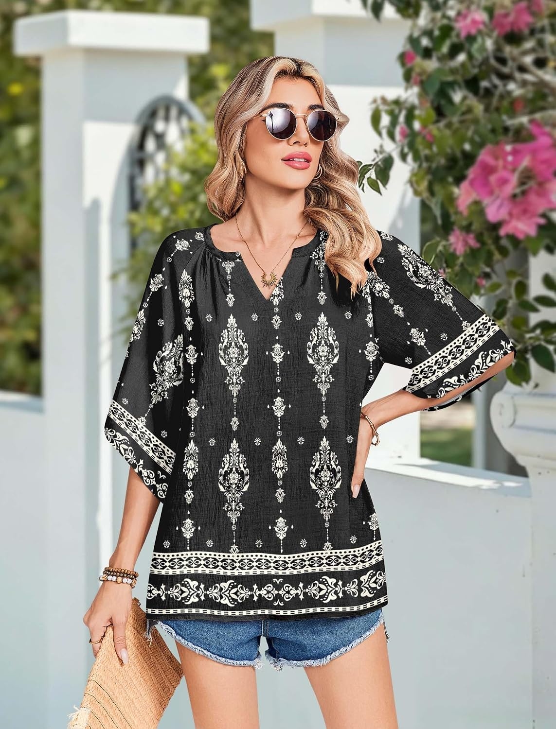 image:imageZeagoo Womens Tops 34 Sleeve V Neck Bohemian Blouses Casual TunicMulti Black Mz921