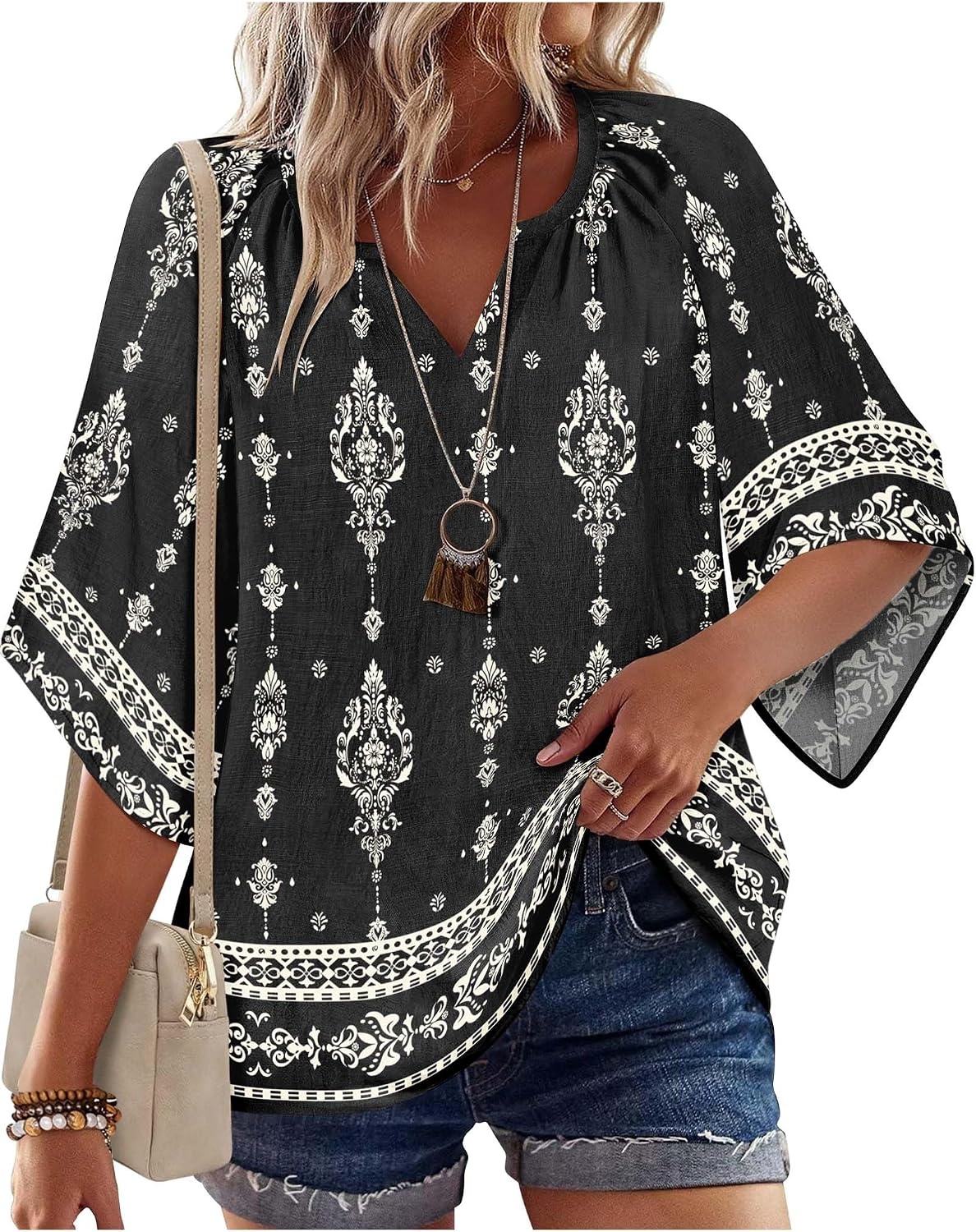 image:imageZeagoo Womens Tops 34 Sleeve V Neck Bohemian Blouses Casual TunicMulti Black Mz921