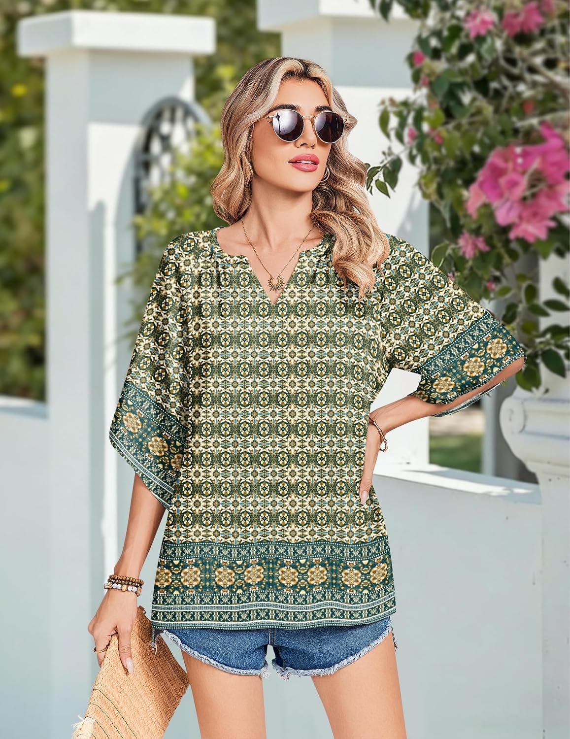 image:imageZeagoo Womens Tops 34 Sleeve V Neck Bohemian Blouses Casual TunicMulti Blue Mz925