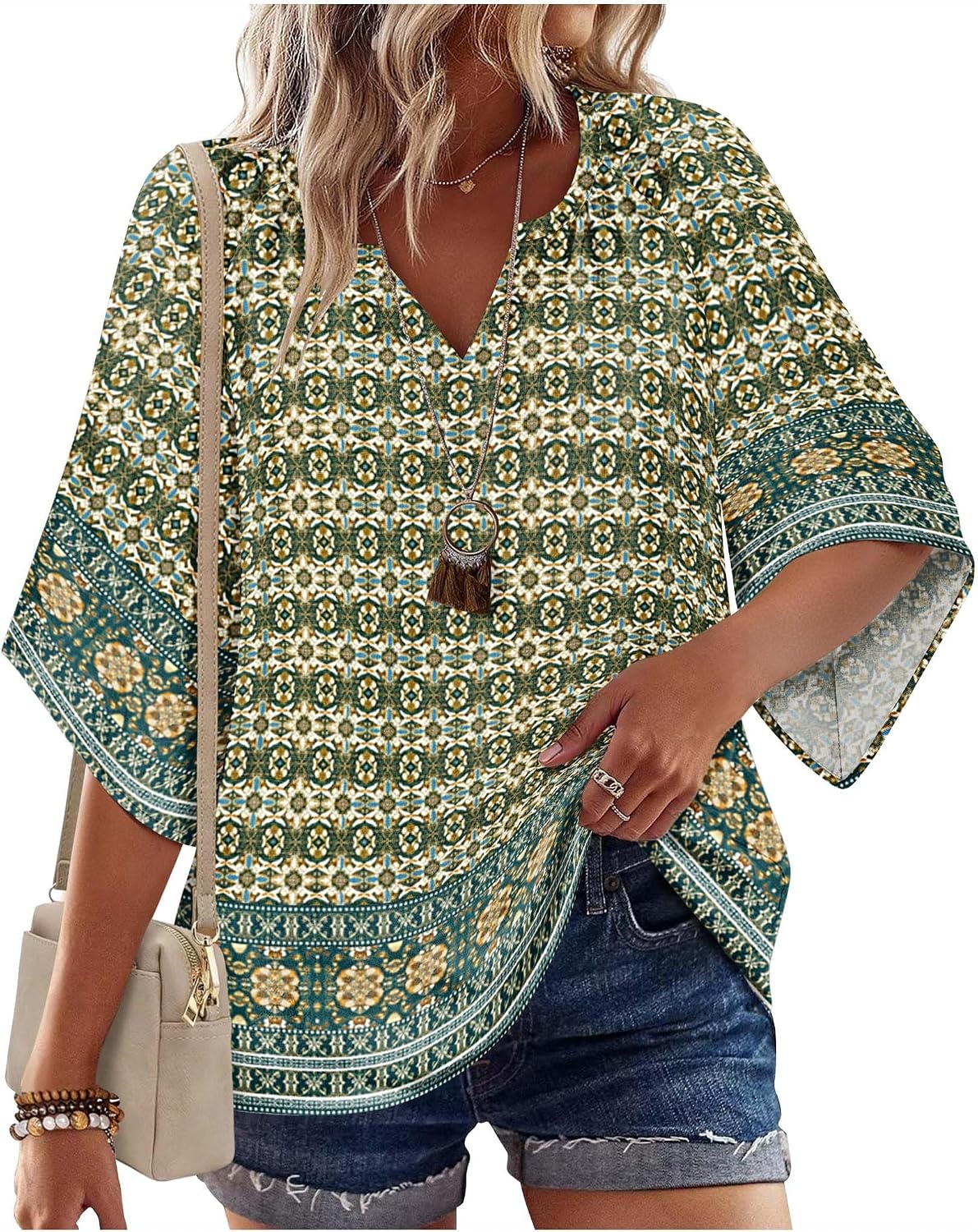image:imageZeagoo Womens Tops 34 Sleeve V Neck Bohemian Blouses Casual TunicMulti Blue Mz925