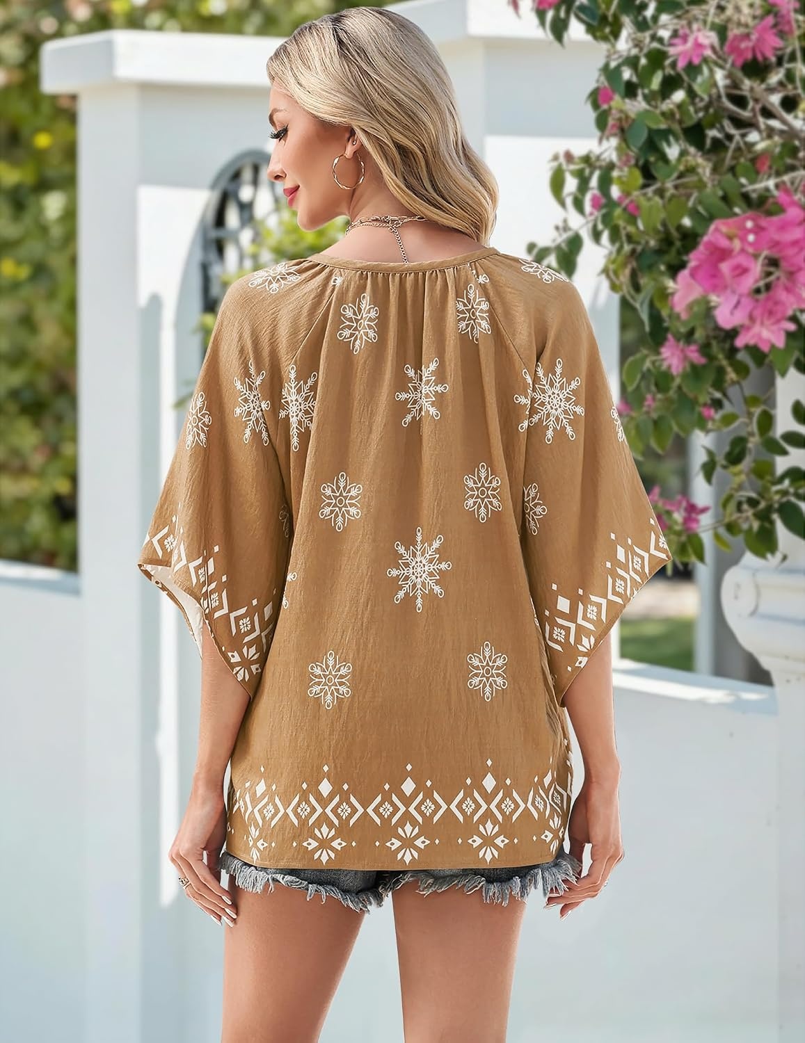 image:imageZeagoo Womens Tops 34 Sleeve V Neck Bohemian Blouses Casual TunicMulti Coffee Mz917