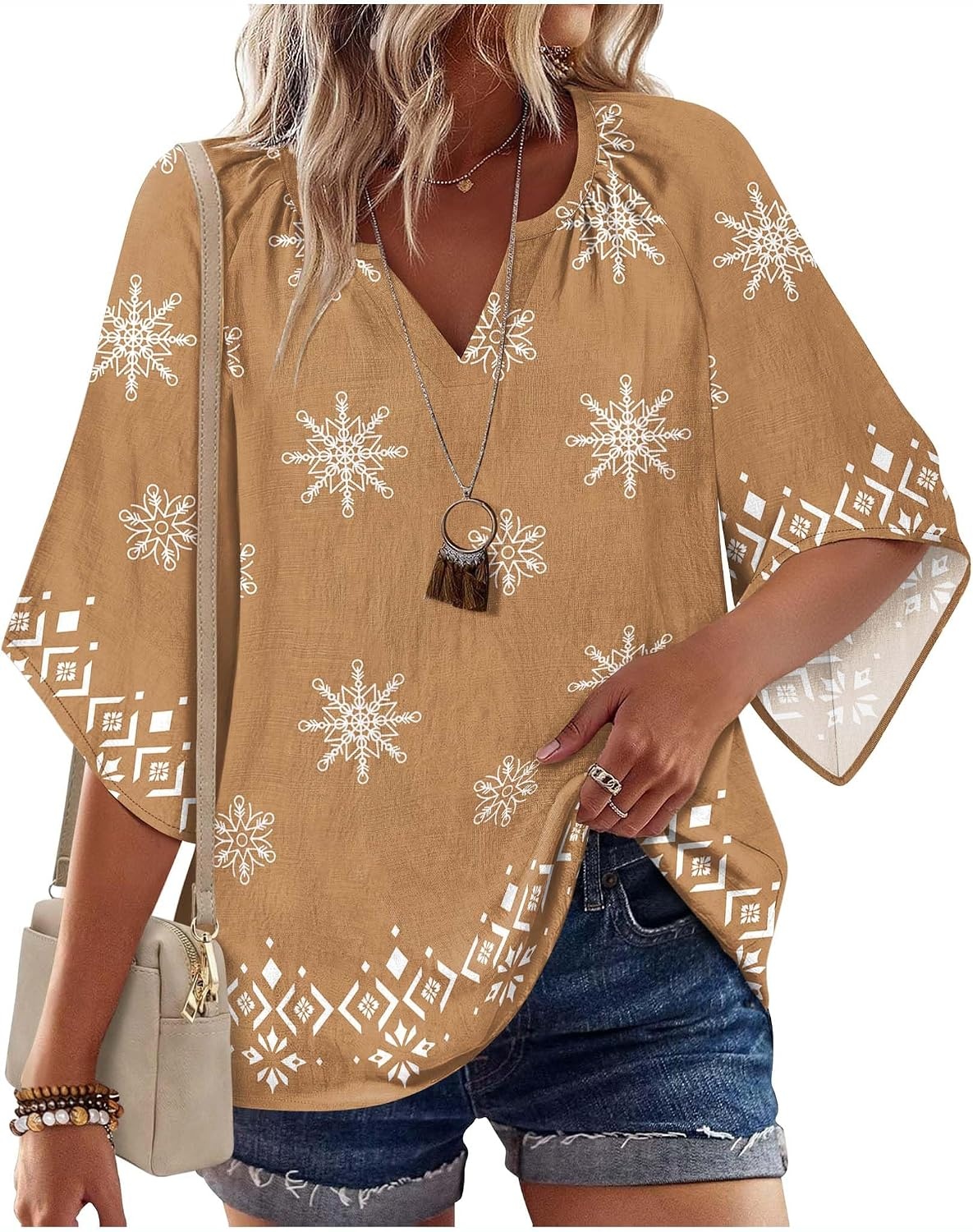 image:imageZeagoo Womens Tops 34 Sleeve V Neck Bohemian Blouses Casual TunicMulti Coffee Mz917