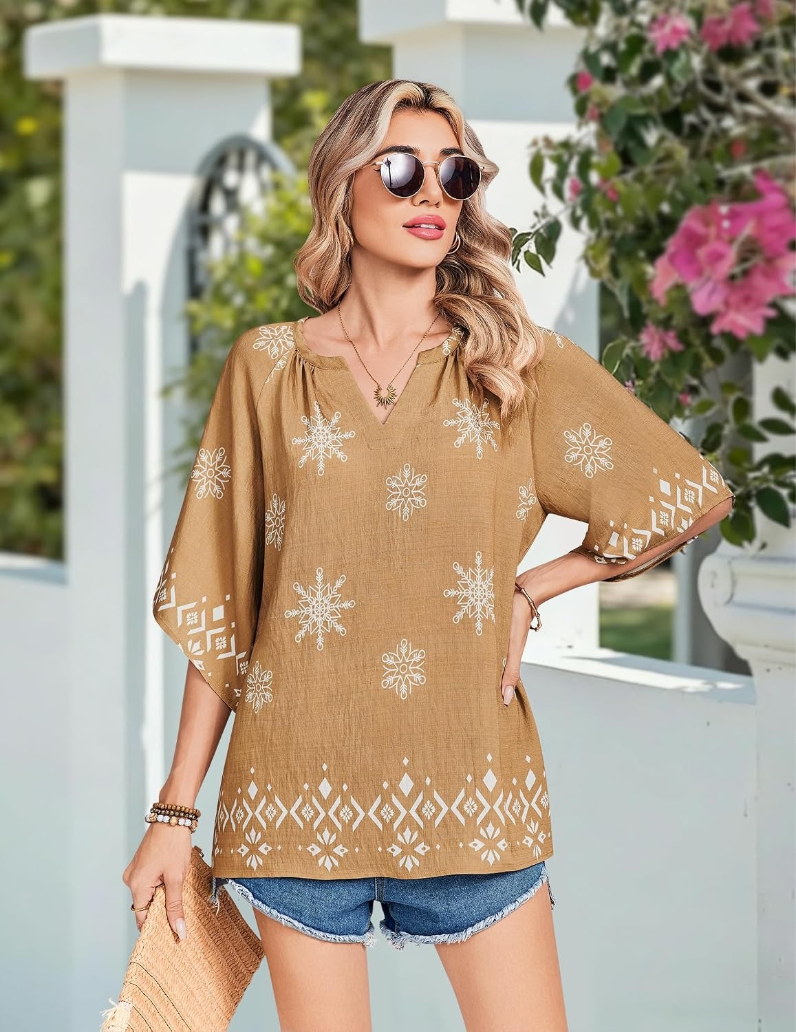 image:imageZeagoo Womens Tops 34 Sleeve V Neck Bohemian Blouses Casual TunicMulti Coffee Mz917