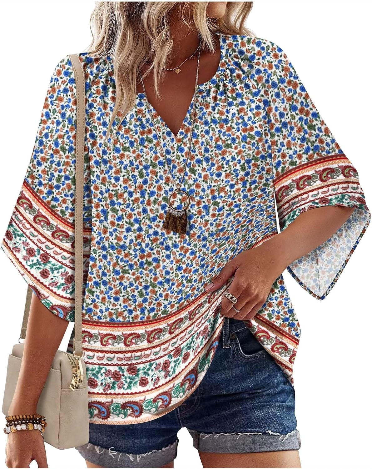 image:imageZeagoo Womens Tops 34 Sleeve V Neck Bohemian Blouses Casual TunicMulti Floral Mz914