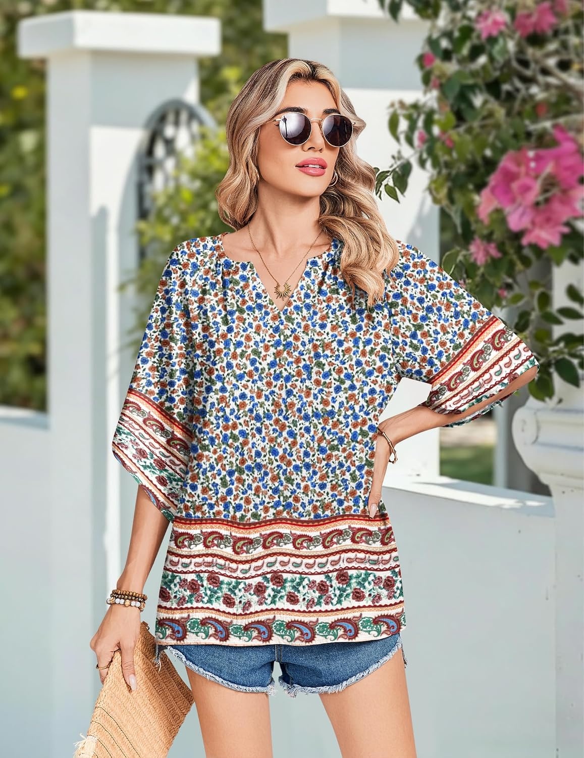 image:imageZeagoo Womens Tops 34 Sleeve V Neck Bohemian Blouses Casual TunicMulti Floral Mz914
