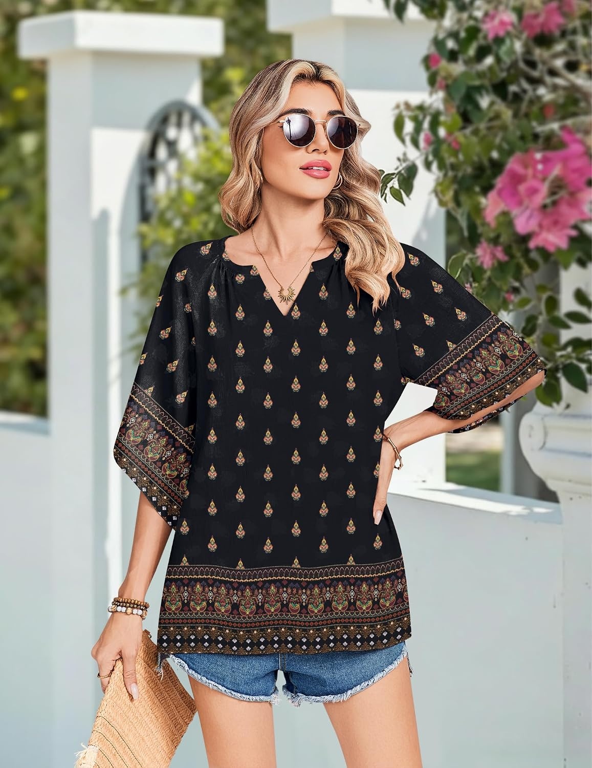 image:imageZeagoo Womens Tops 34 Sleeve V Neck Bohemian Blouses Casual TunicMulticolor Black Mz930