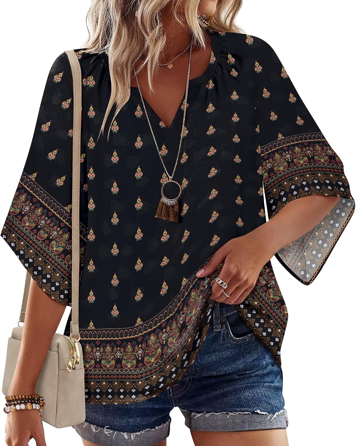 image:imageZeagoo Womens Tops 34 Sleeve V Neck Bohemian Blouses Casual TunicMulticolor Black Mz930