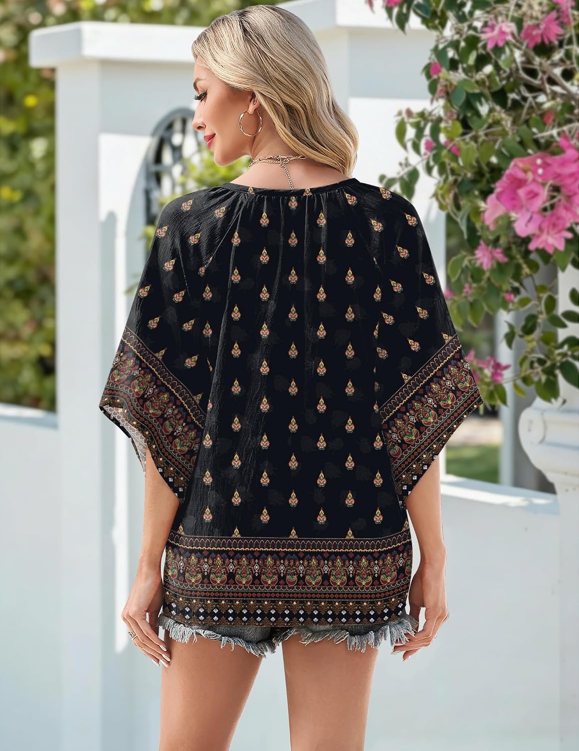 image:imageZeagoo Womens Tops 34 Sleeve V Neck Bohemian Blouses Casual TunicMulticolor Black Mz930