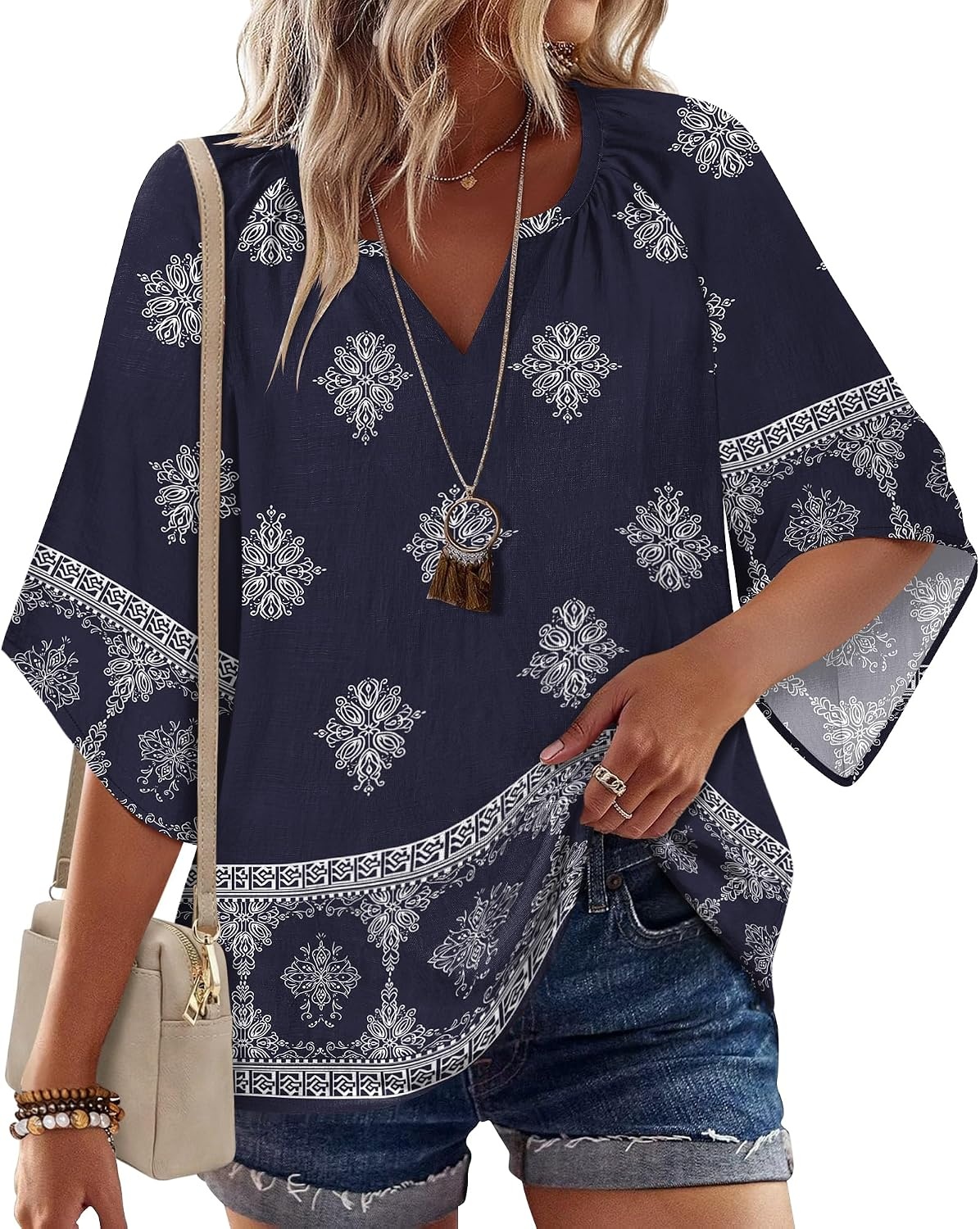 image:imageZeagoo Womens Tops 34 Sleeve V Neck Bohemian Blouses Casual TunicNavy Blue Mz918