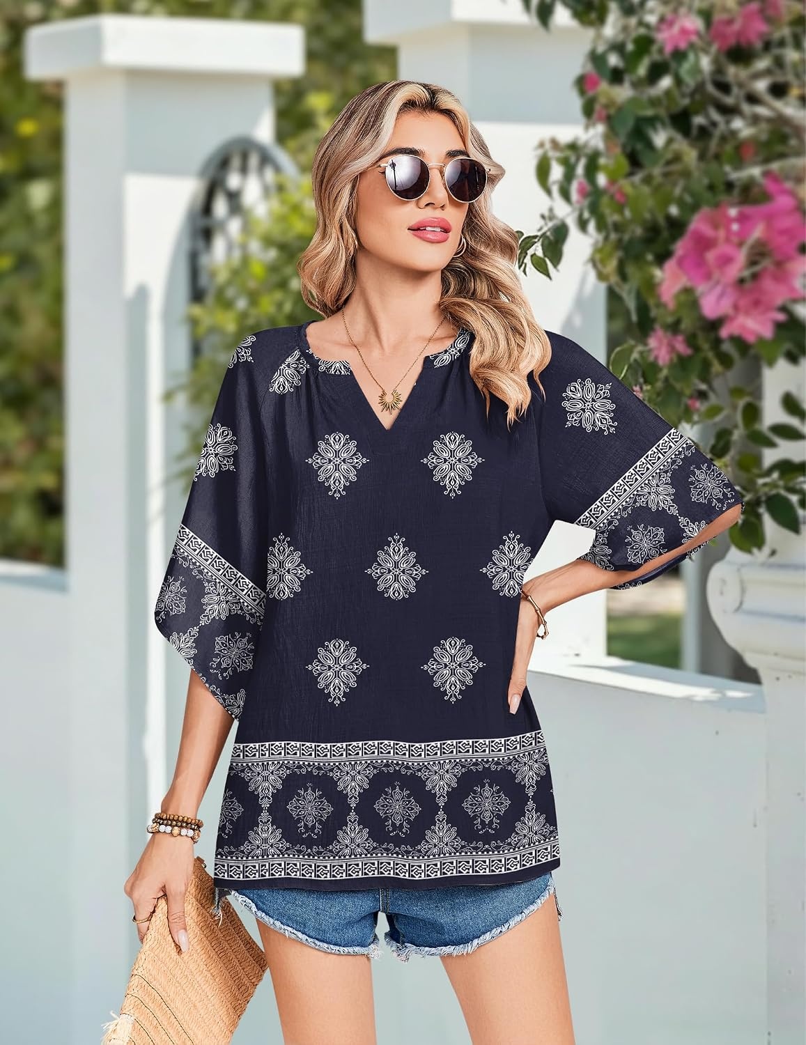 image:imageZeagoo Womens Tops 34 Sleeve V Neck Bohemian Blouses Casual TunicNavy Blue Mz918