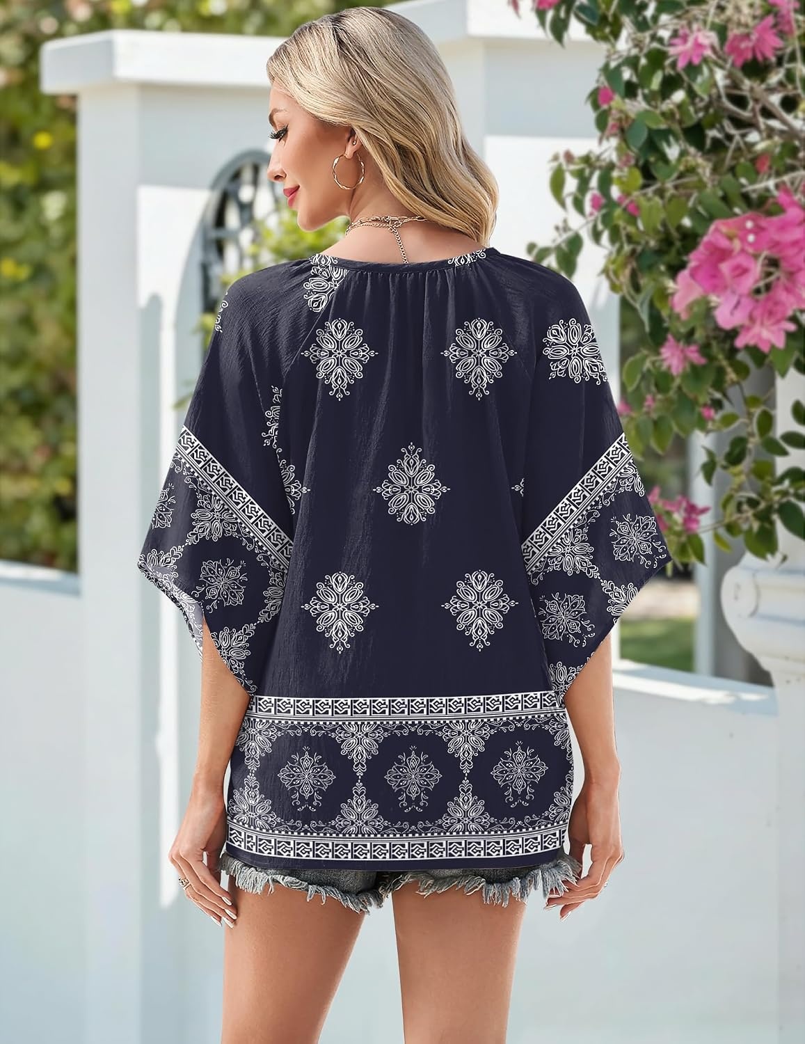 image:imageZeagoo Womens Tops 34 Sleeve V Neck Bohemian Blouses Casual TunicNavy Blue Mz918