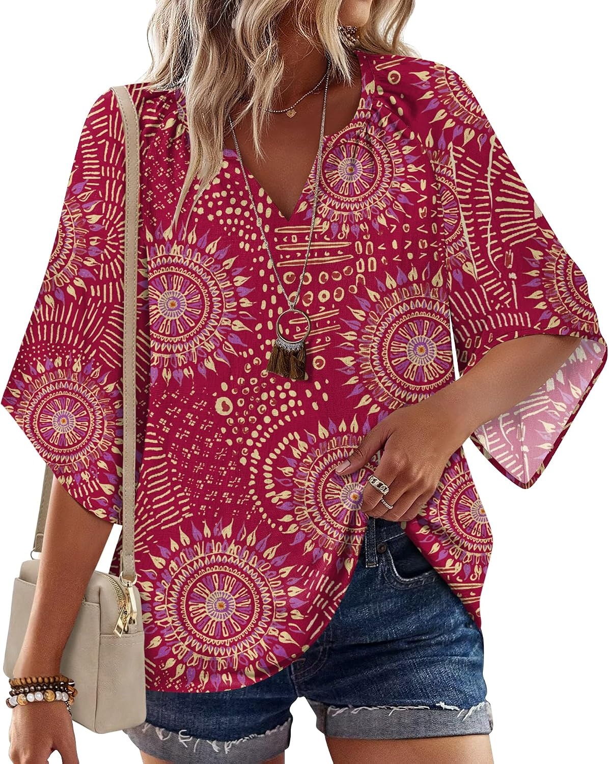 image:imageZeagoo Womens Tops 34 Sleeve V Neck Bohemian Blouses Casual TunicPink Boho Cx320