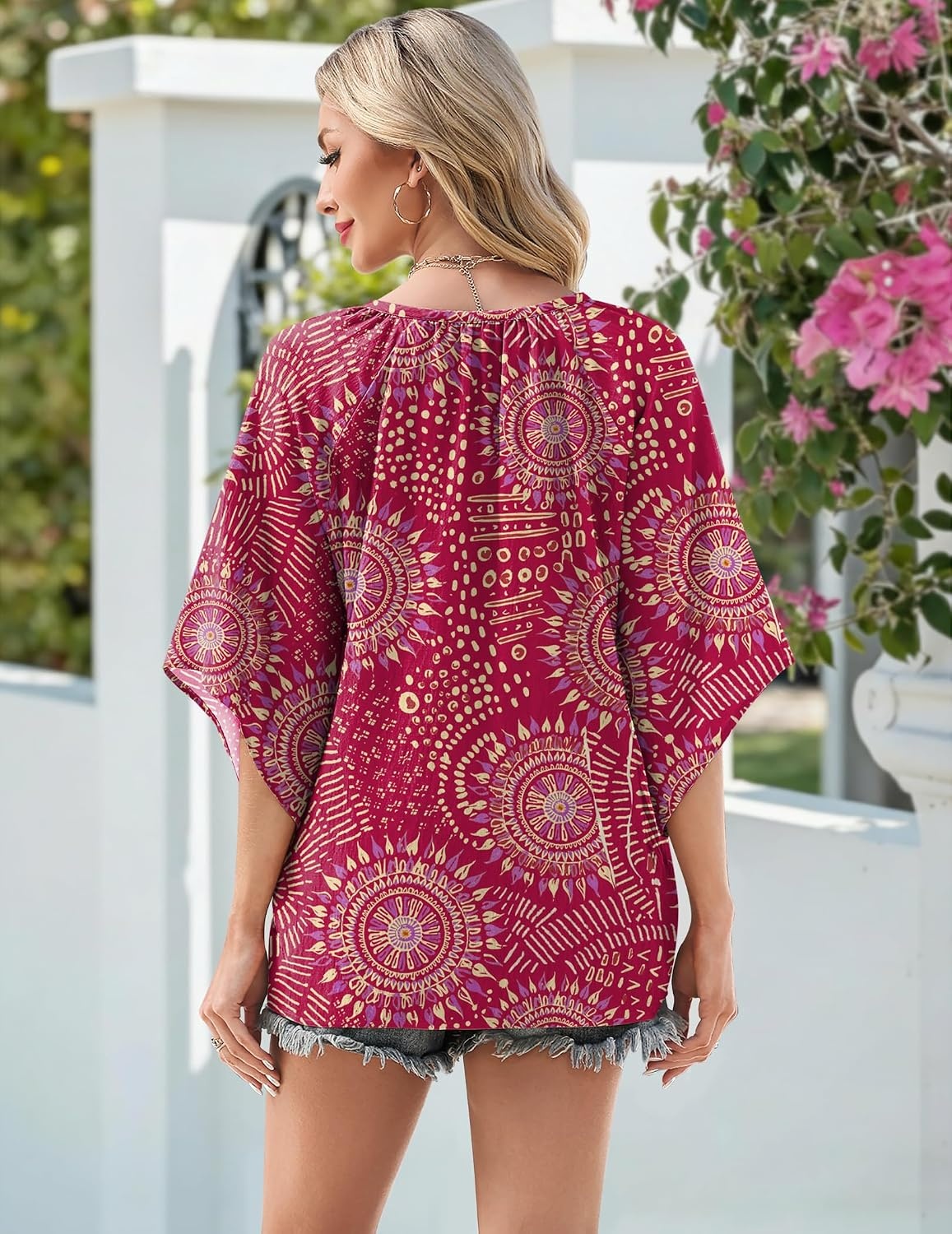 image:imageZeagoo Womens Tops 34 Sleeve V Neck Bohemian Blouses Casual TunicPink Boho Cx320