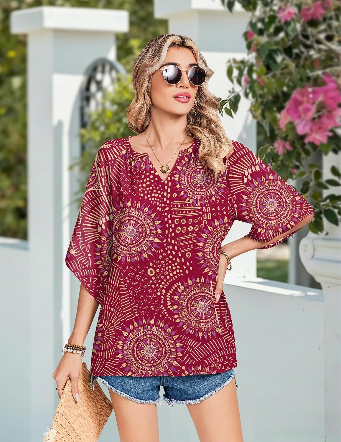 image:imageZeagoo Womens Tops 34 Sleeve V Neck Bohemian Blouses Casual TunicPink Boho Cx320