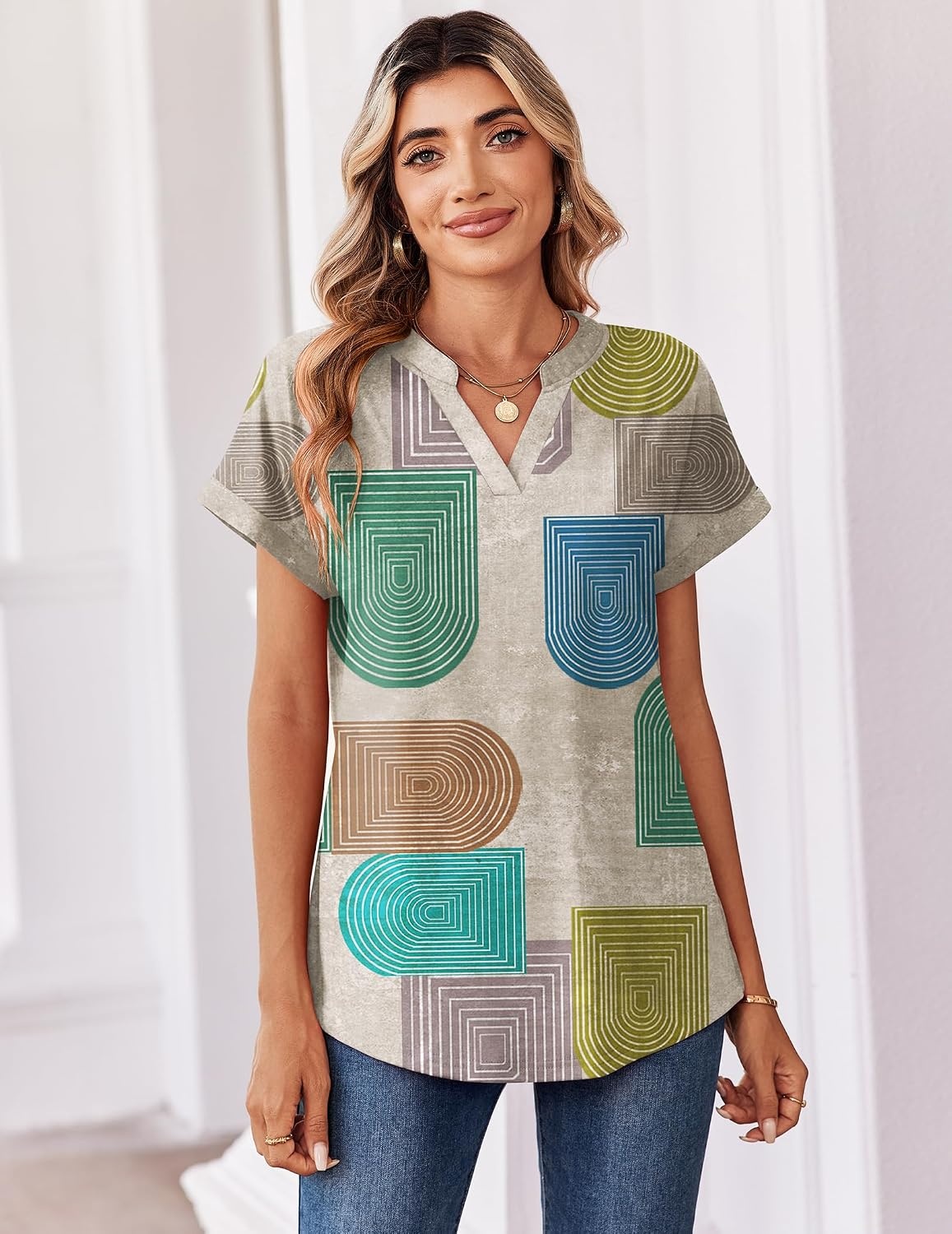 image:imageZeagoo Womens Tops Short Sleeve Summer V Neck Shirts Work Casual BlousesBlack Khaki Dots