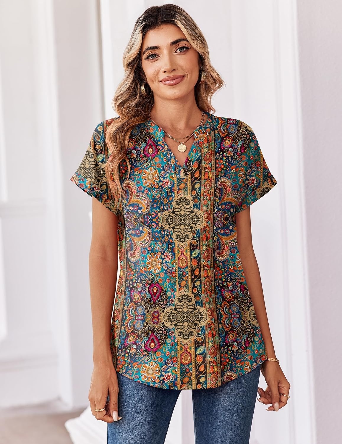 image:imageZeagoo Womens Tops Short Sleeve Summer V Neck Shirts Work Casual BlousesBoho Mz721