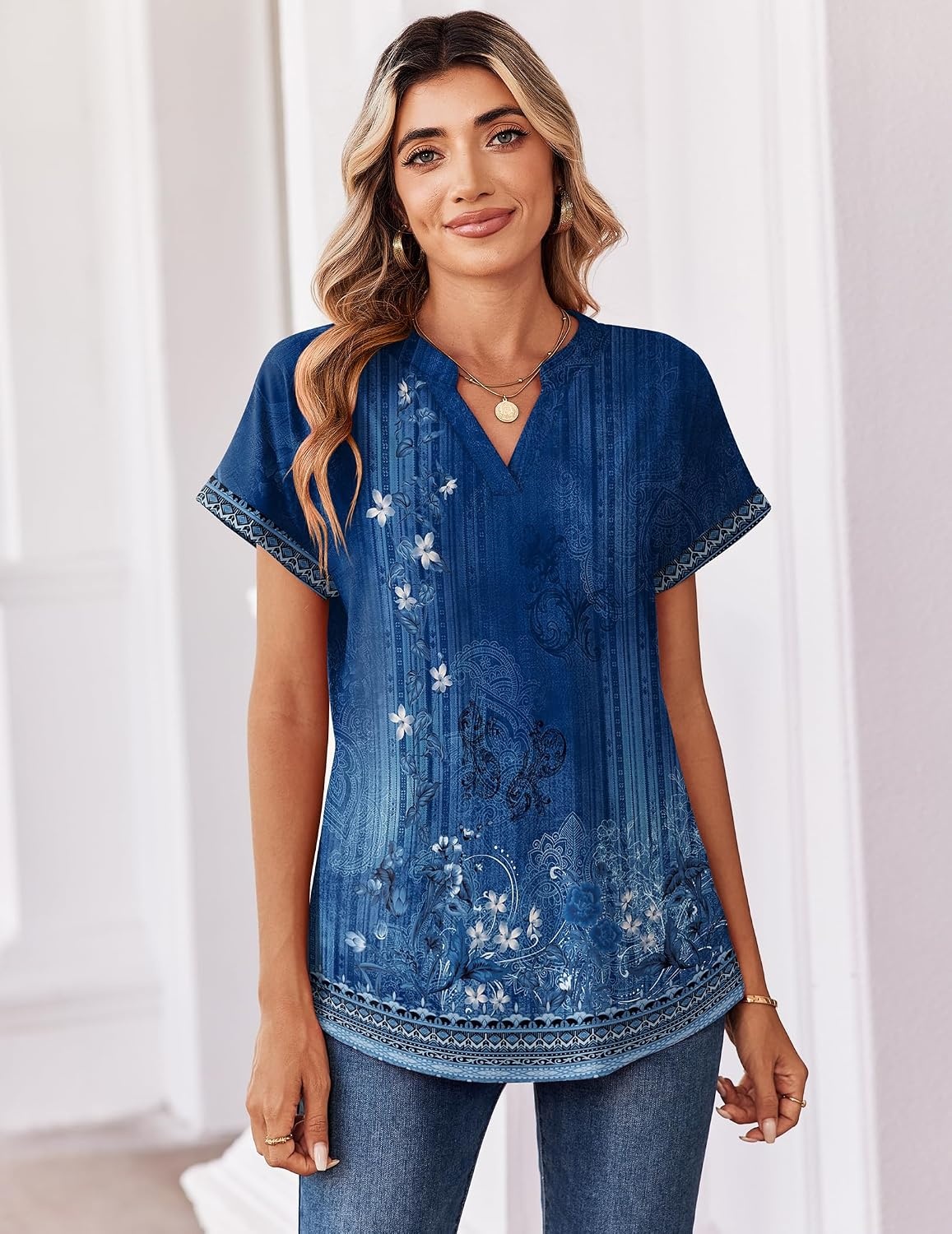 image:imageZeagoo Womens Tops Short Sleeve Summer V Neck Shirts Work Casual BlousesFloral Blue