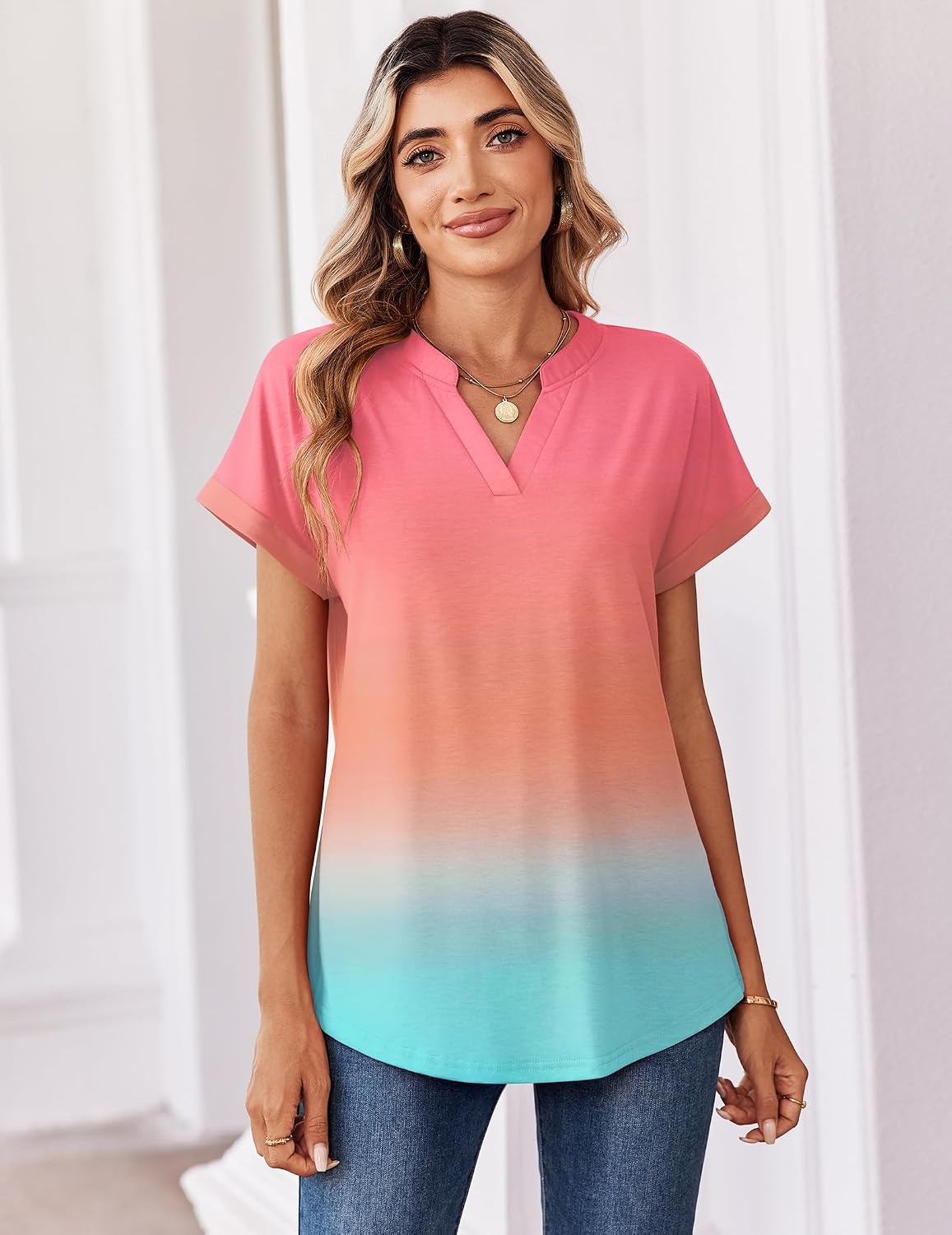 image:imageZeagoo Womens Tops Short Sleeve Summer V Neck Shirts Work Casual BlousesGradient 218