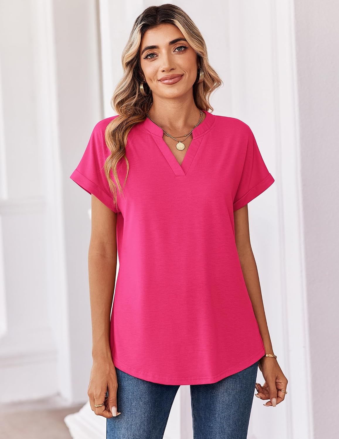 image:imageZeagoo Womens Tops Short Sleeve Summer V Neck Shirts Work Casual BlousesHot Pink