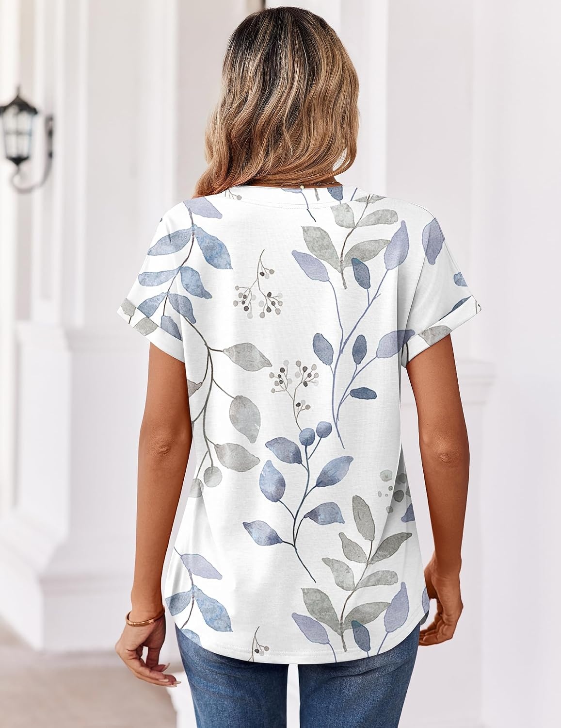 image:imageZeagoo Womens Tops Short Sleeve Summer V Neck Shirts Work Casual BlousesLeaf White