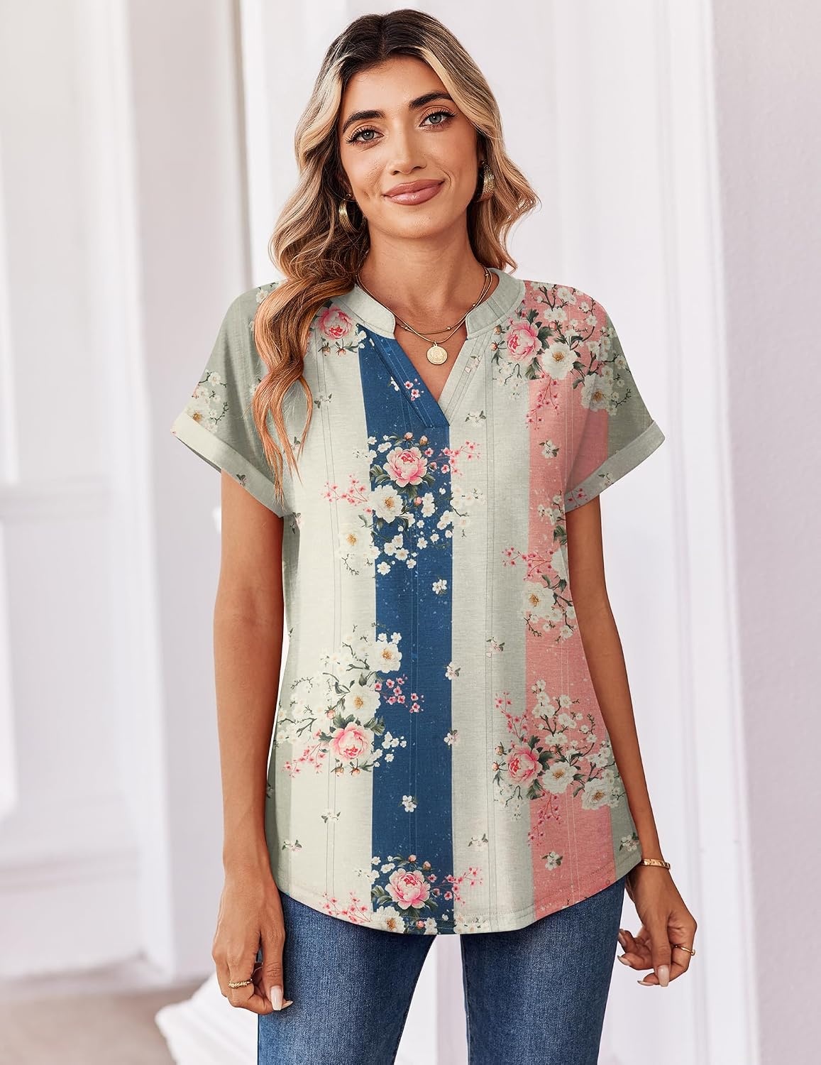 image:imageZeagoo Womens Tops Short Sleeve Summer V Neck Shirts Work Casual BlousesMulticolor 923