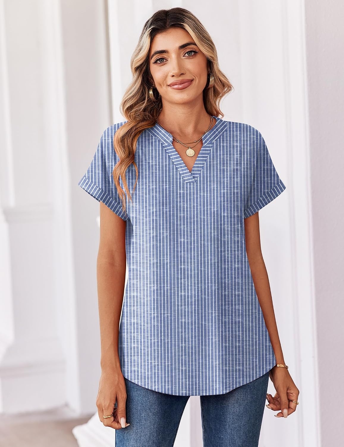 image:imageZeagoo Womens Tops Short Sleeve Summer V Neck Shirts Work Casual BlousesStriped 273