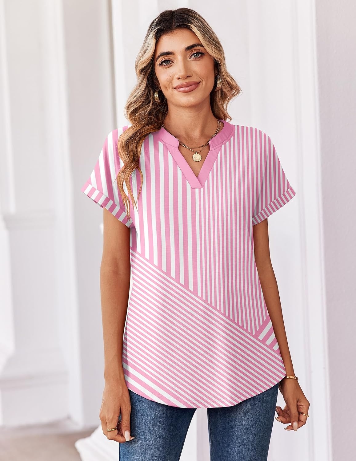 image:imageZeagoo Womens Tops Short Sleeve Summer V Neck Shirts Work Casual BlousesStriped 300