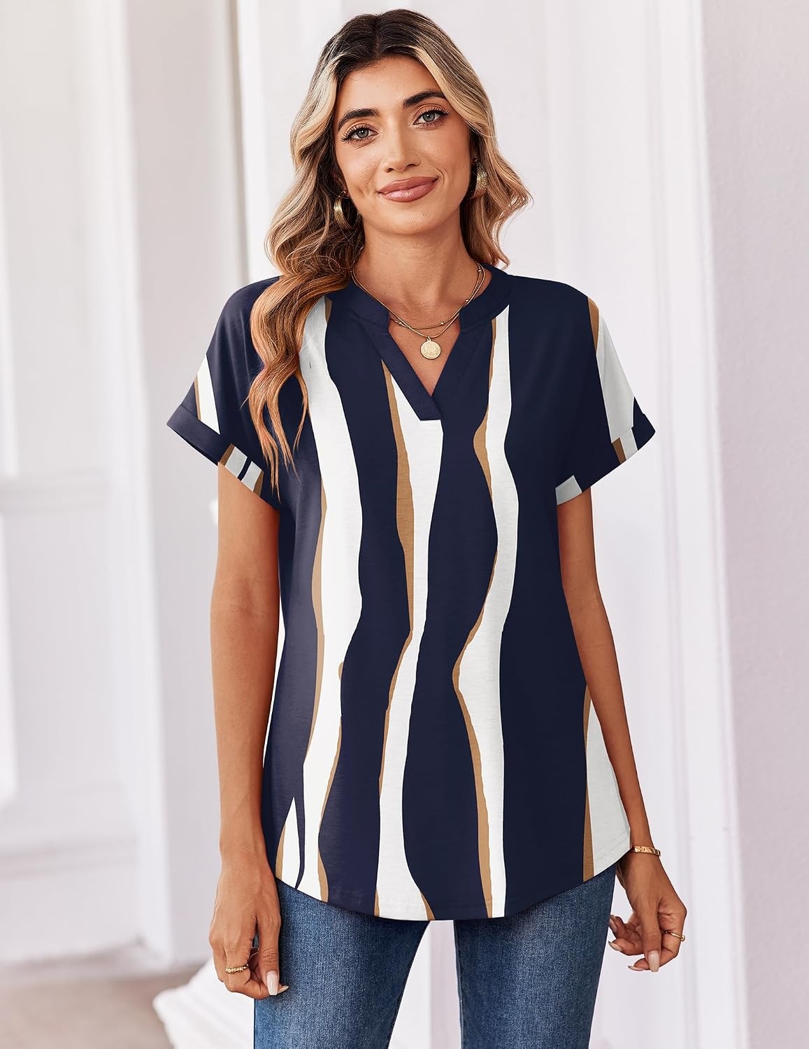 image:imageZeagoo Womens Tops Short Sleeve Summer V Neck Shirts Work Casual BlousesStriped 327