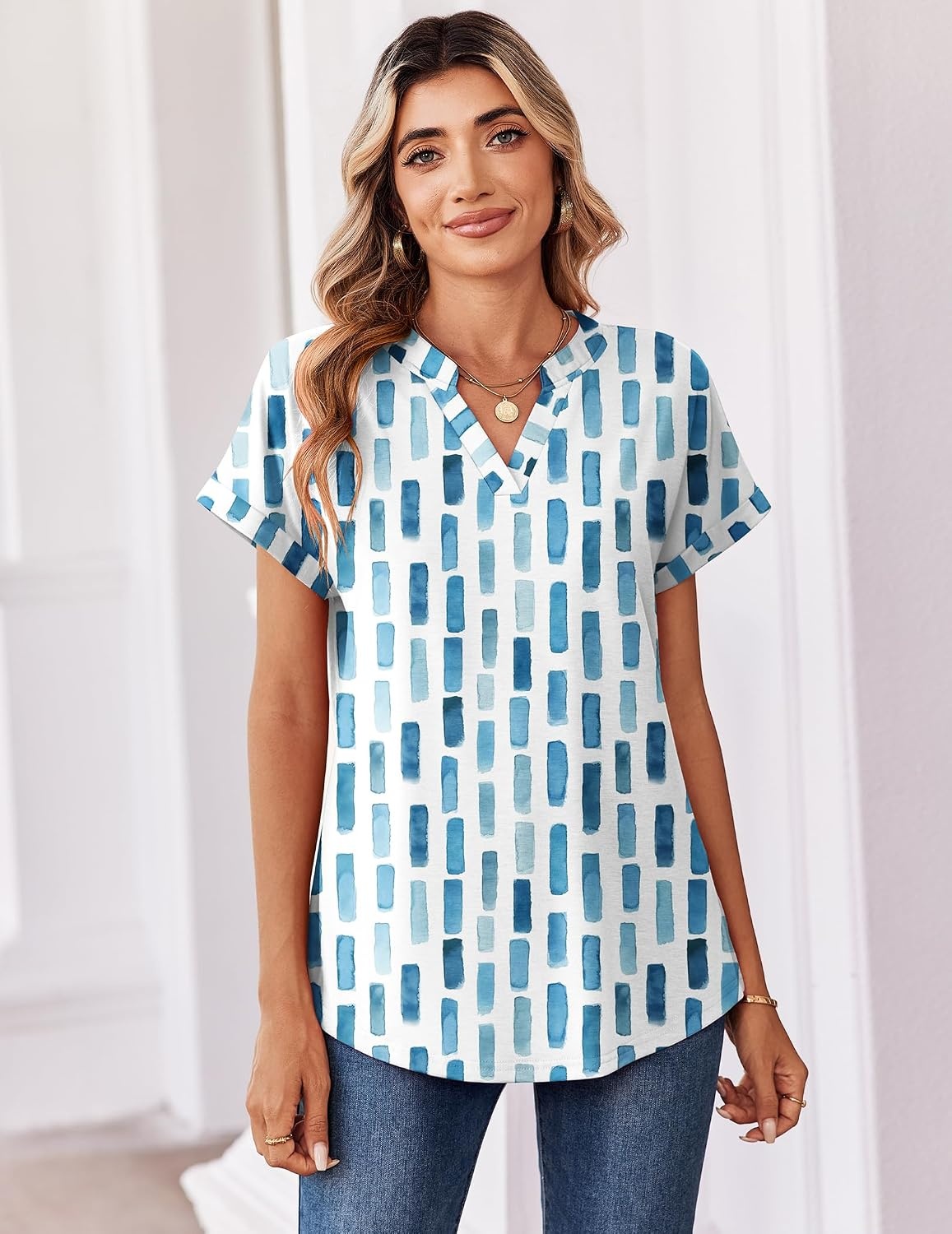 image:imageZeagoo Womens Tops Short Sleeve Summer V Neck Shirts Work Casual BlousesStriped 329