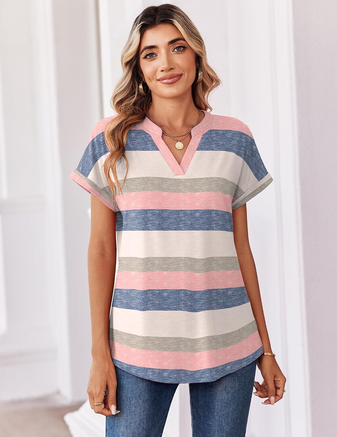 image:imageZeagoo Womens Tops Short Sleeve Summer V Neck Shirts Work Casual BlousesStriped 669