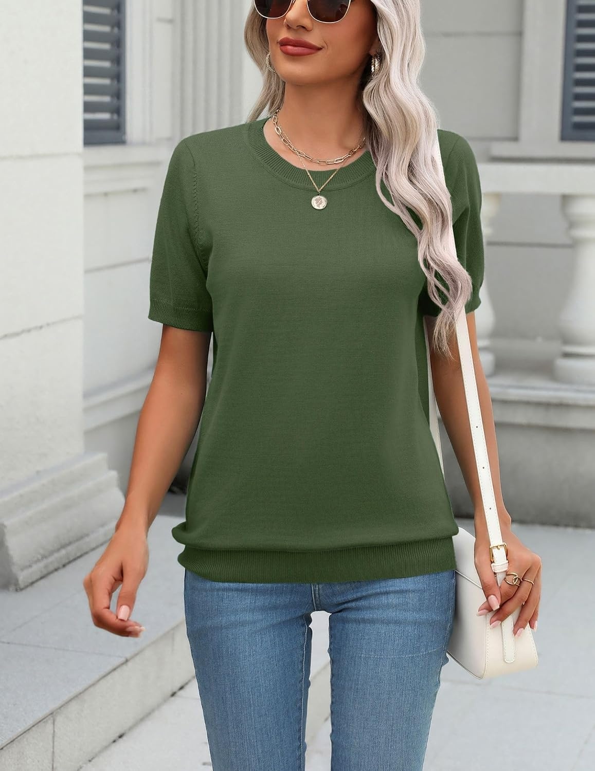 image:imageZeagoo Womens Tops Short Sleeve Sweater Crewneck Basic Fashion ClothingArmy Green