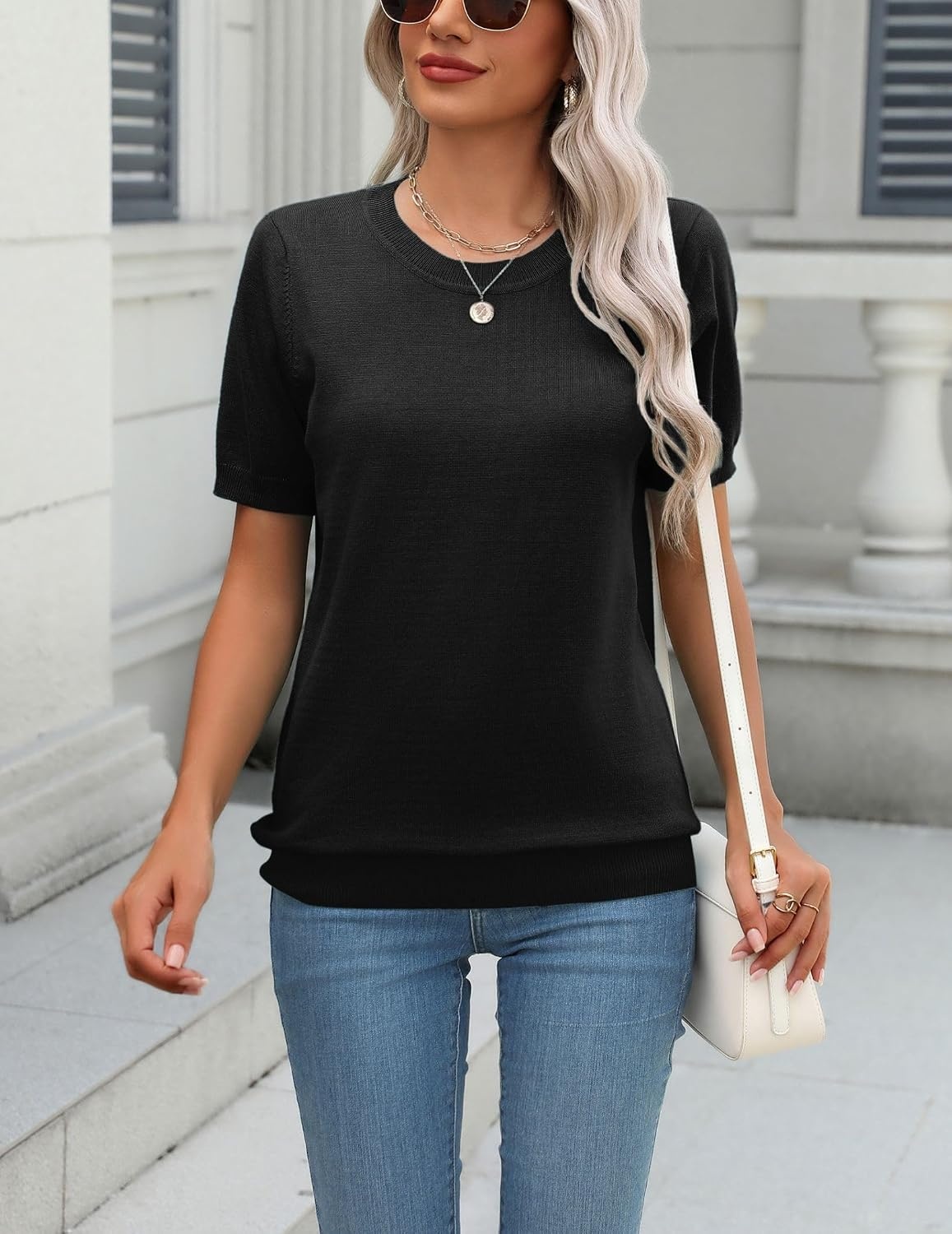 image:imageZeagoo Womens Tops Short Sleeve Sweater Crewneck Basic Fashion ClothingBlack