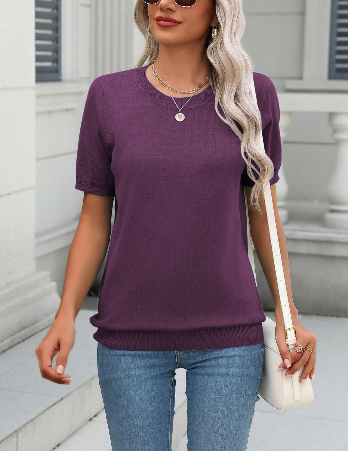 image:imageZeagoo Womens Tops Short Sleeve Sweater Crewneck Basic Fashion ClothingDark Purple