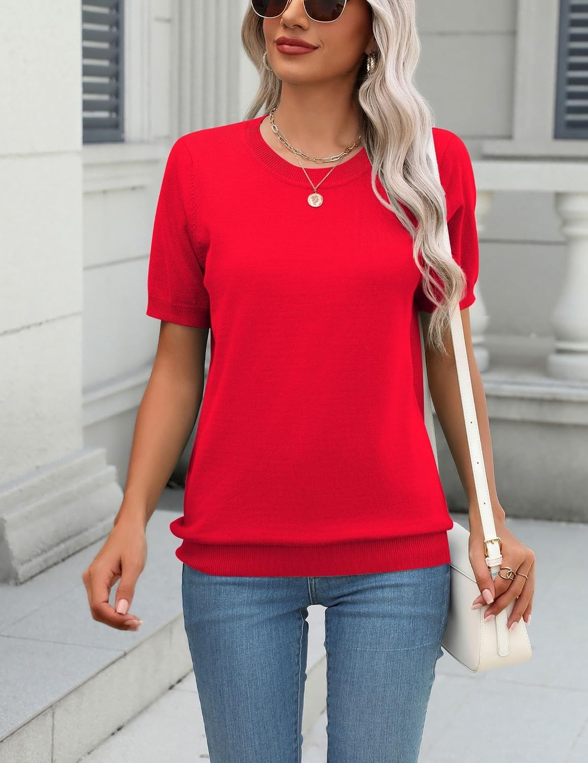 image:imageZeagoo Womens Tops Short Sleeve Sweater Crewneck Basic Fashion ClothingRed