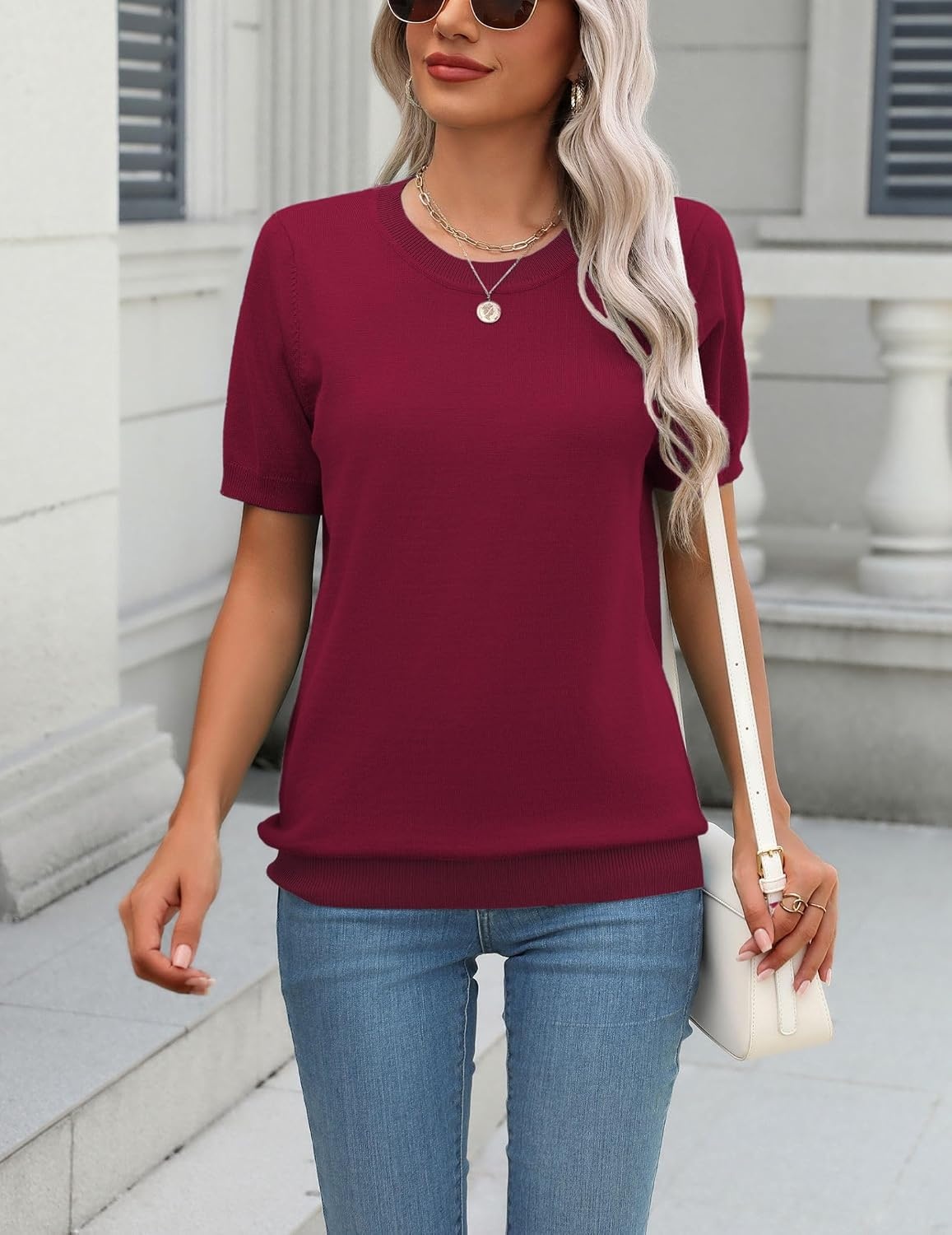 image:imageZeagoo Womens Tops Short Sleeve Sweater Crewneck Basic Fashion ClothingWine Red