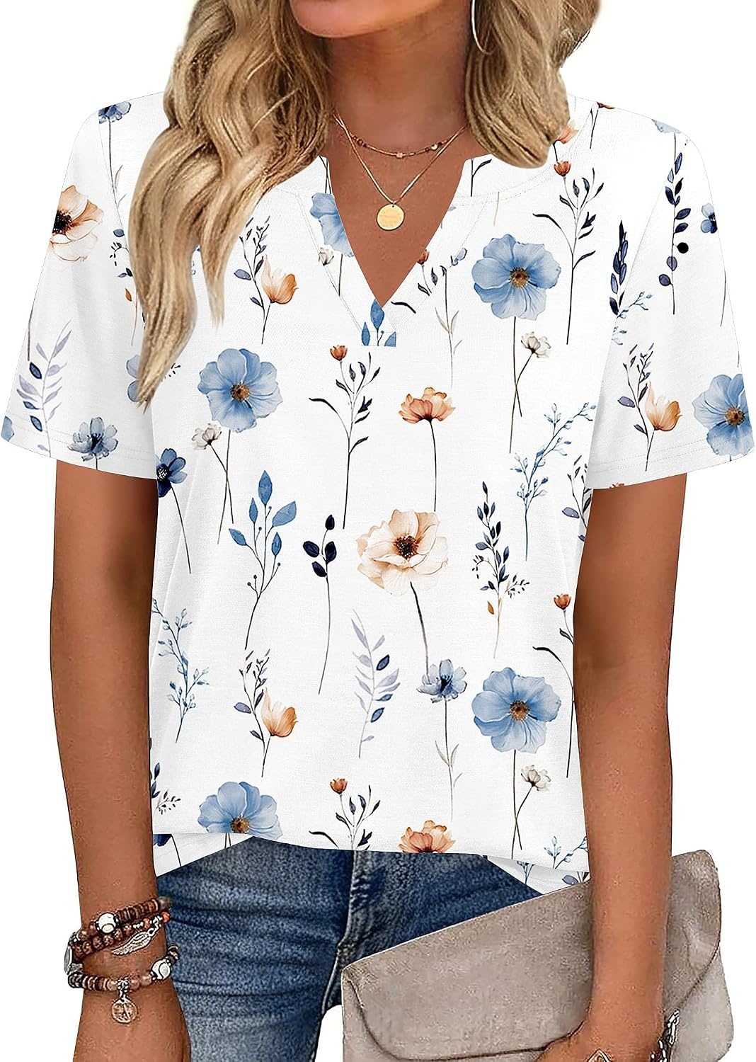 image:imageZeagoo Womens Tops Short Sleeve V Neck Tee Shirts Cute Dressy CasualAwhite Flowers Bf290