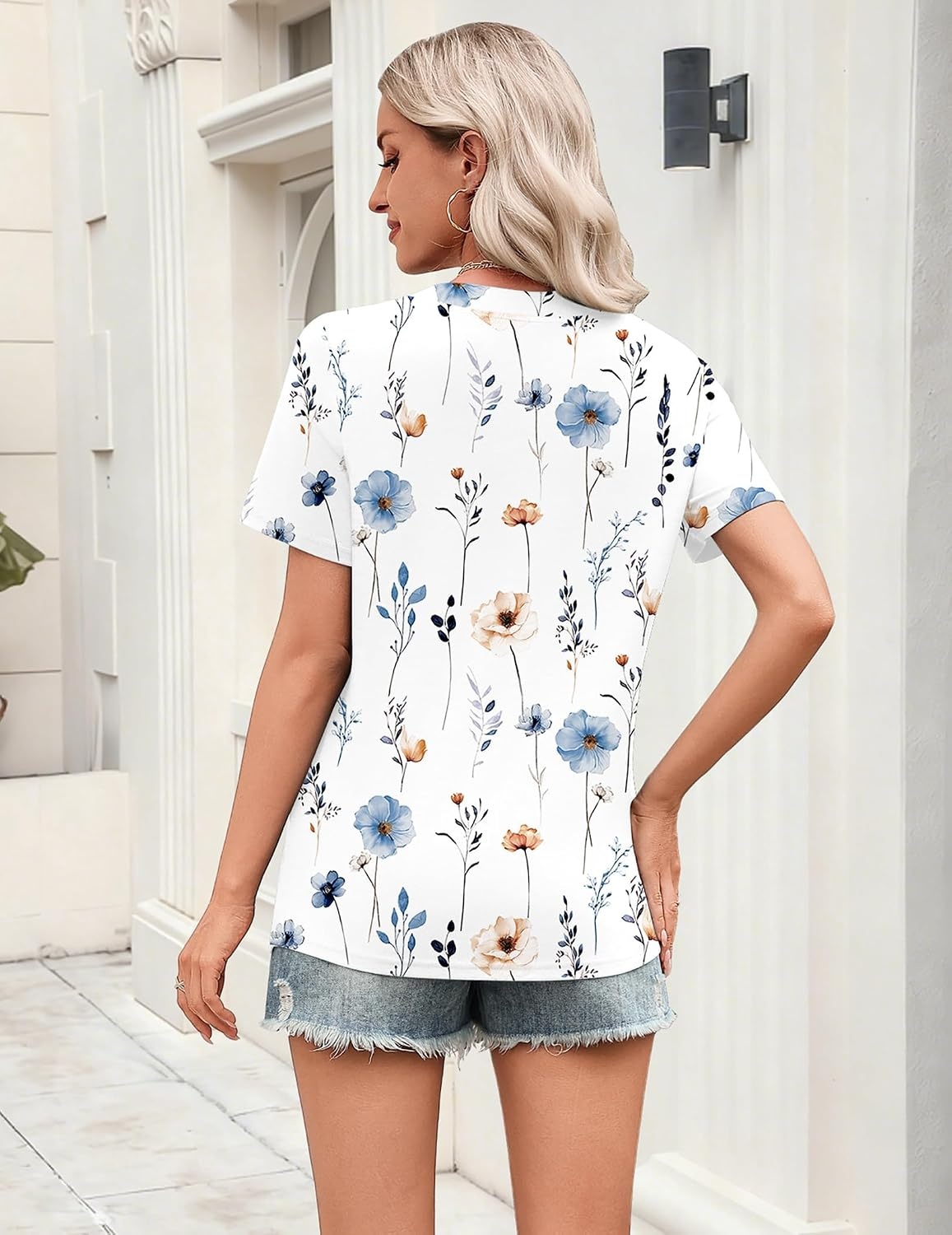 image:imageZeagoo Womens Tops Short Sleeve V Neck Tee Shirts Cute Dressy CasualAwhite Flowers Bf290