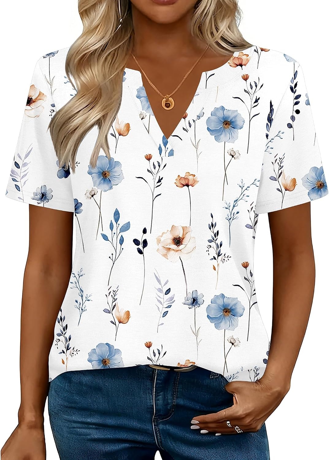 image:imageZeagoo Womens Tops Short Sleeve V Neck Tee Shirts Cute Dressy CasualAwhite Flowers Bf290