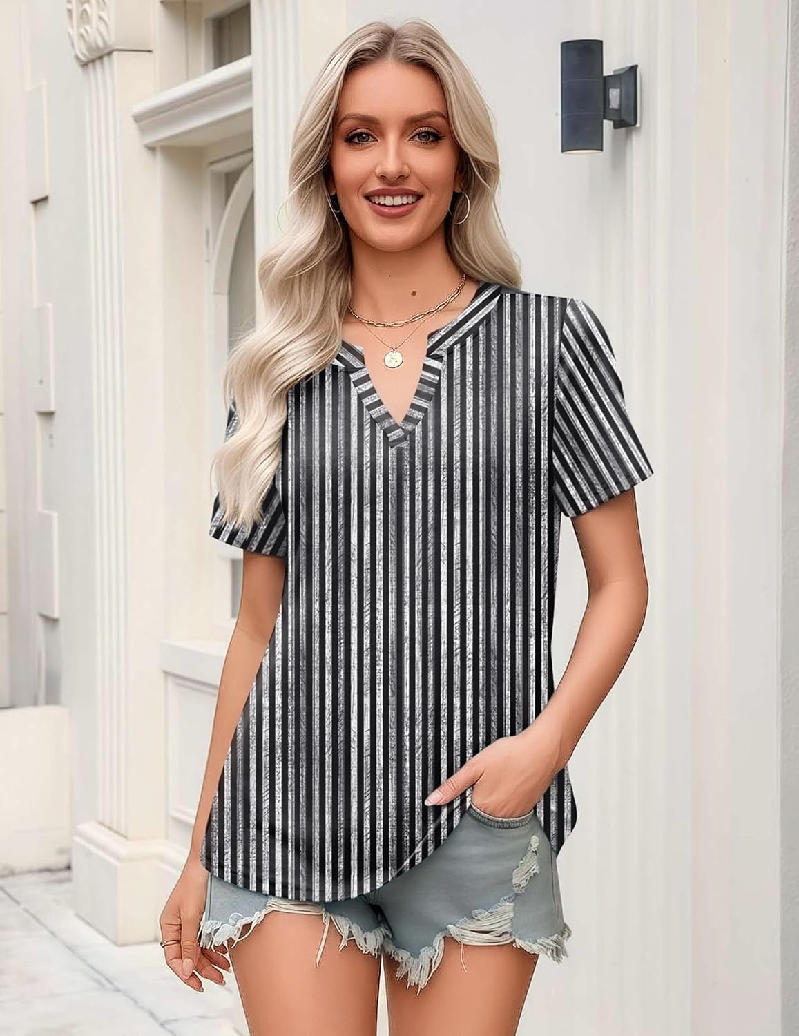 image:imageZeagoo Womens Tops Short Sleeve V Neck Tee Shirts Cute Dressy CasualBlack White Stripes Tz530