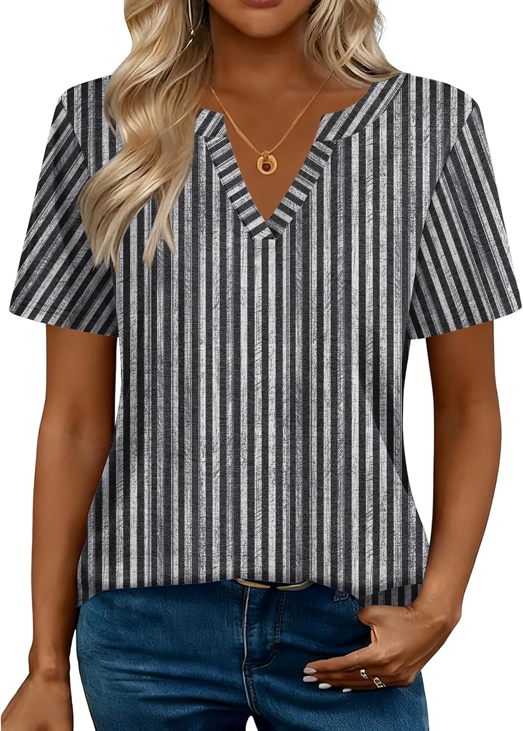 image:imageZeagoo Womens Tops Short Sleeve V Neck Tee Shirts Cute Dressy CasualBlack White Stripes Tz530