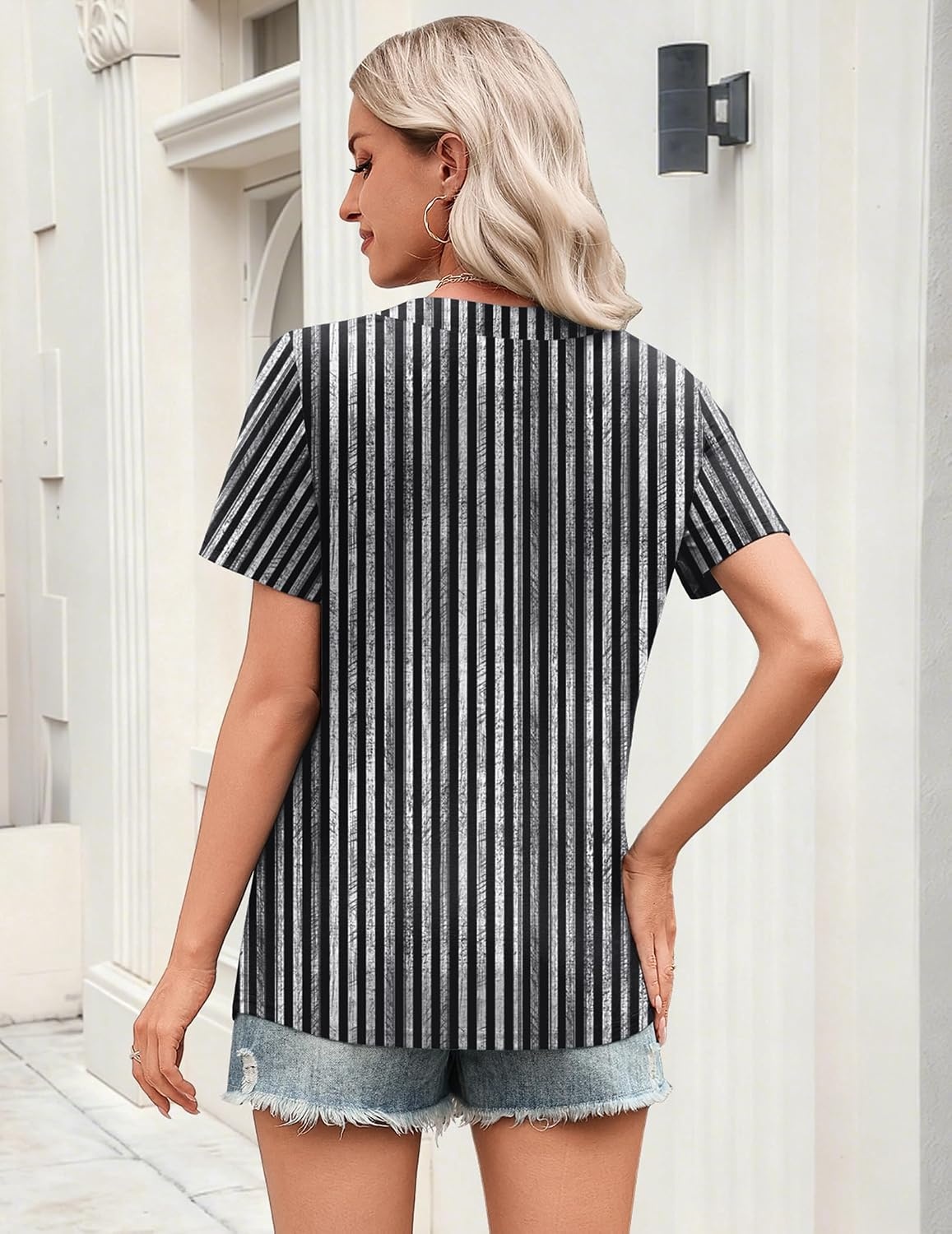 image:imageZeagoo Womens Tops Short Sleeve V Neck Tee Shirts Cute Dressy CasualBlack White Stripes Tz530