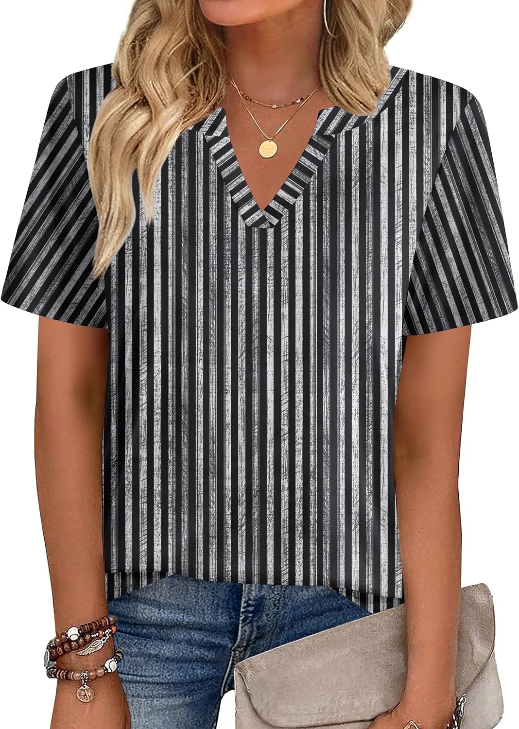 image:imageZeagoo Womens Tops Short Sleeve V Neck Tee Shirts Cute Dressy CasualBlack White Stripes Tz530